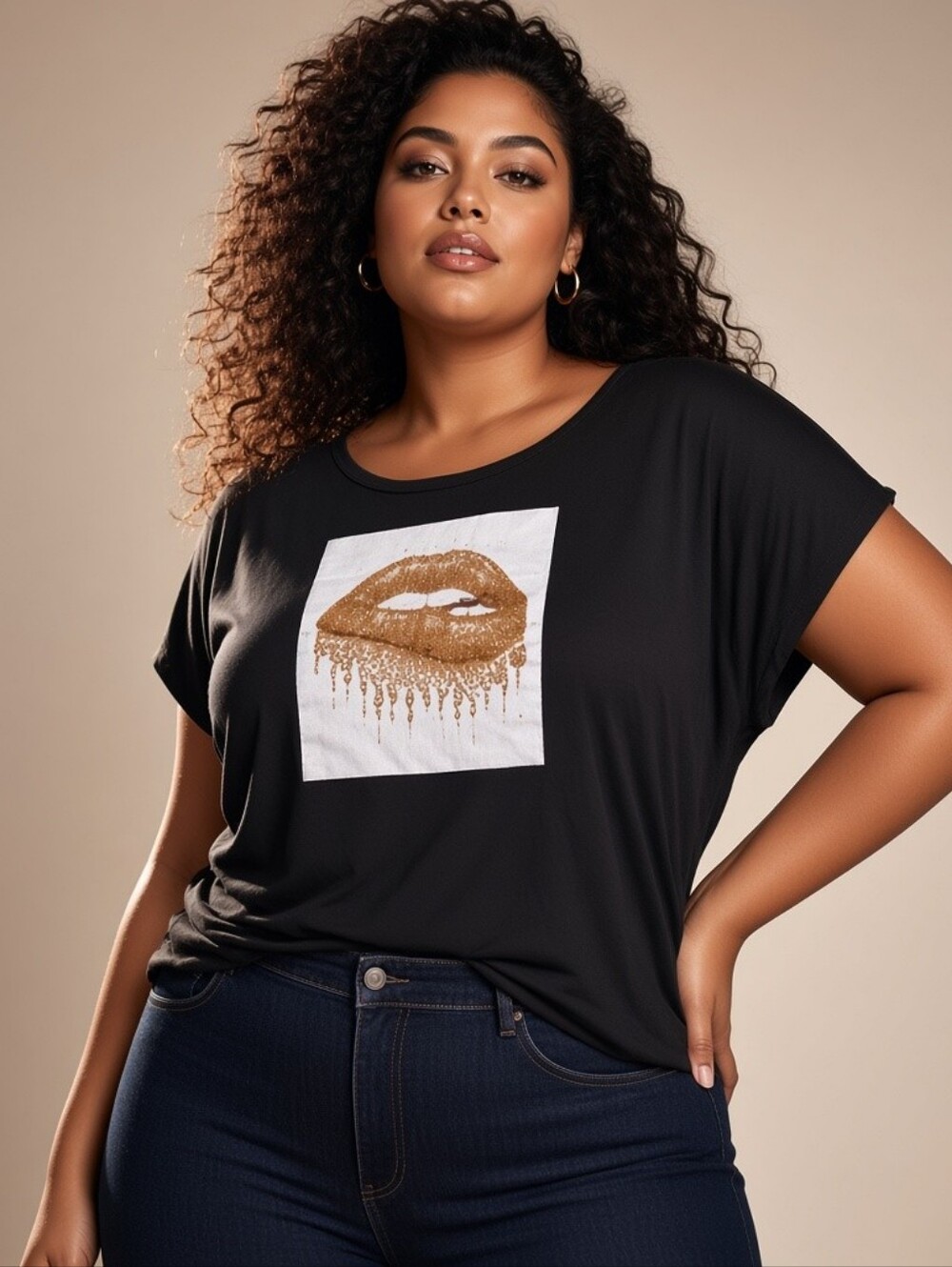 Women's Plus love J Black Tee with Gold Glitter Lip Graphic